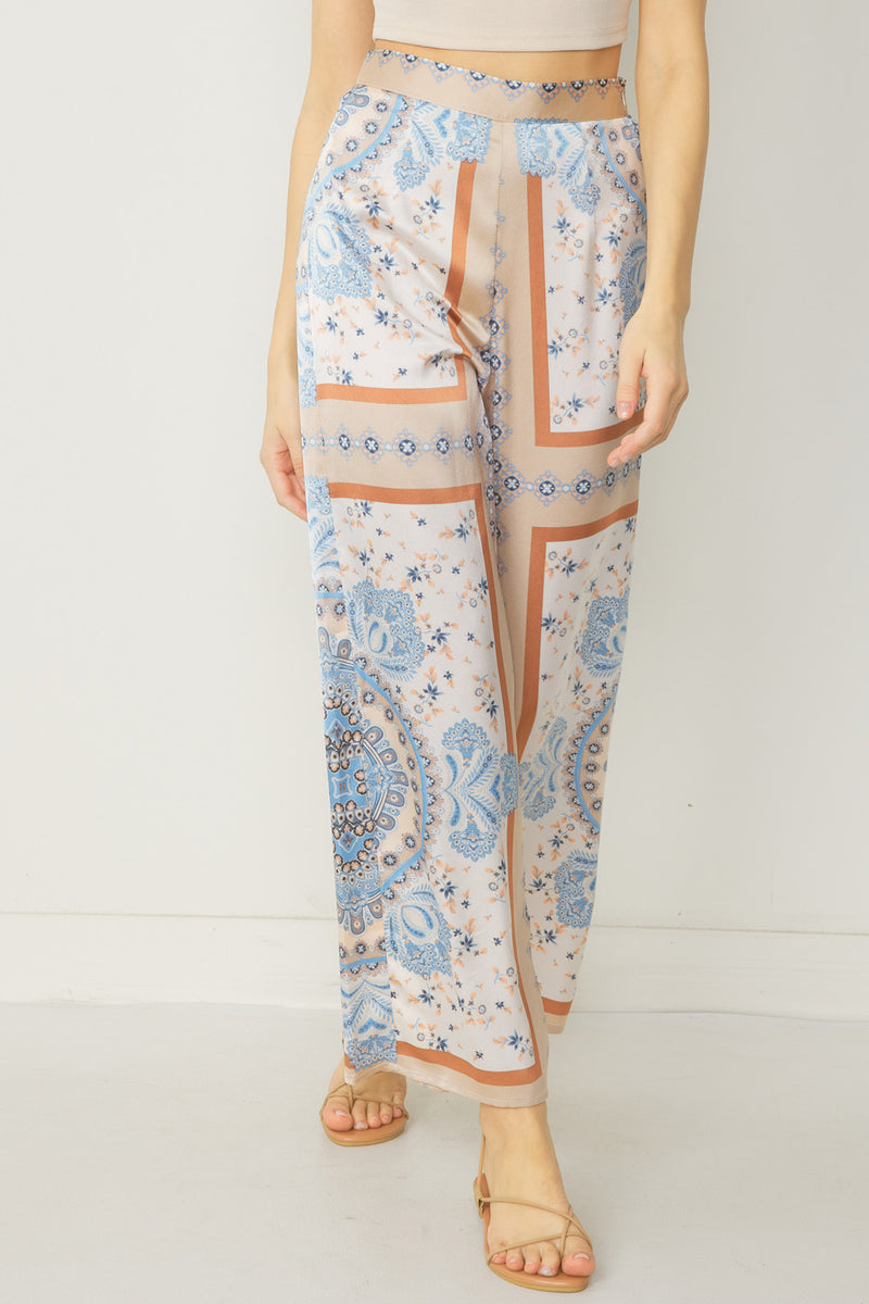 Rayte Printed Satin Kimono And Wide Leg Pant Set