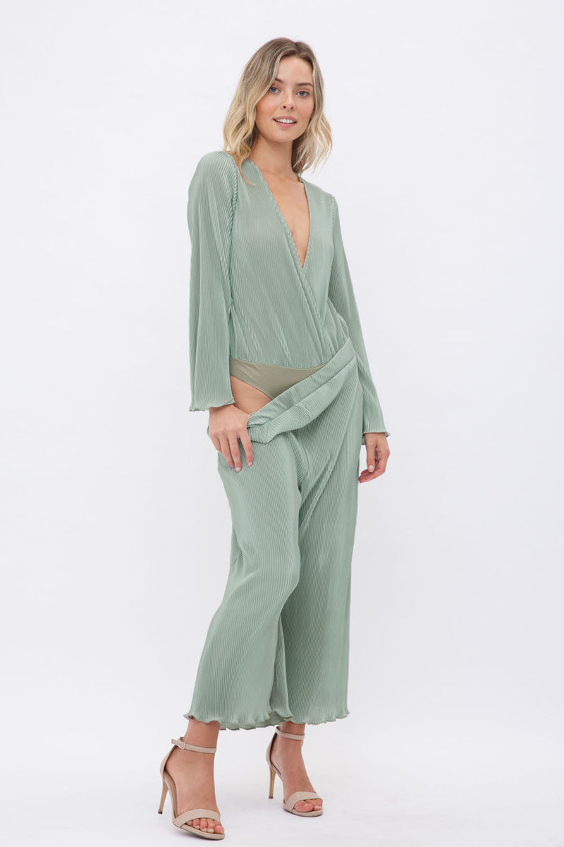 Ashton Pleated Body Suit And Cropped Pants Set