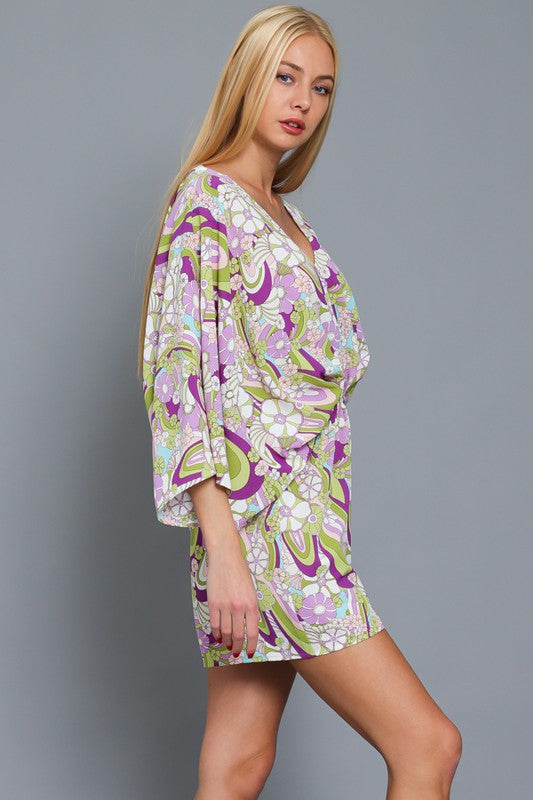 Paisleigh Kimono Retro Print Romper - Purple