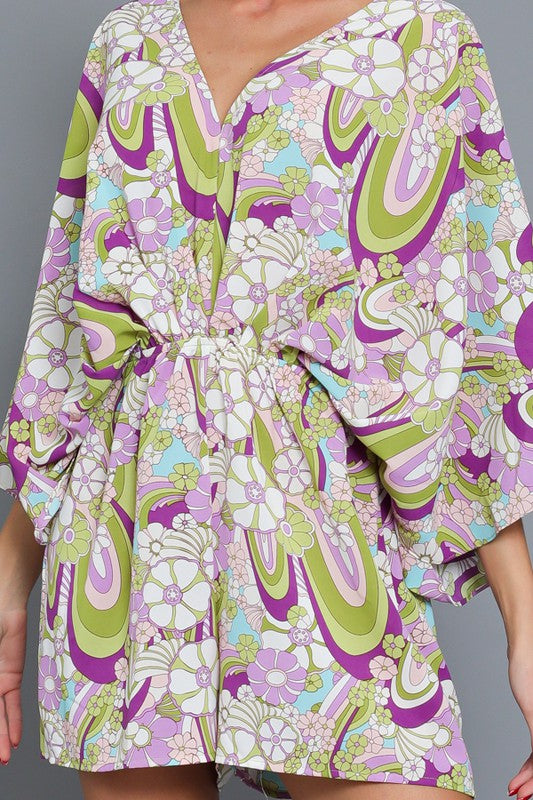 Paisleigh Kimono Retro Print Romper - Purple