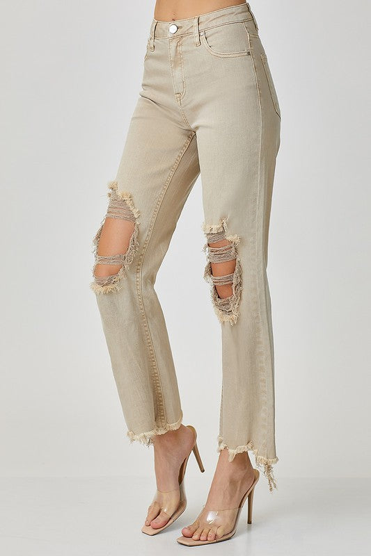 Margie High Rise Distressed Straight Jeans - Sand