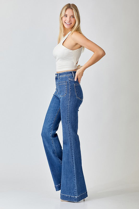 Patch Pocket Flare High Waisted Jeans