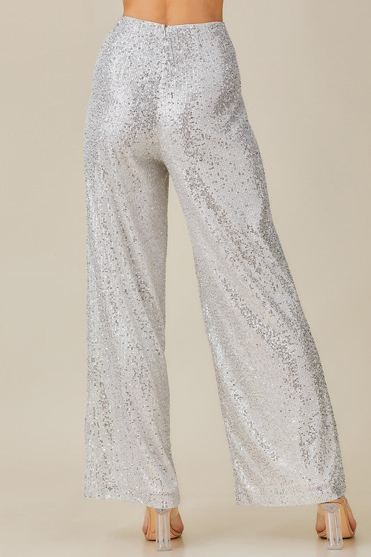 Dominique Wide Leg Sequin Pants - White