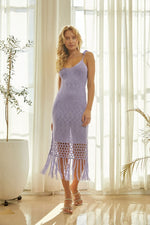 Amara Shoulder Tie Knit & Fringe Hem Midi Dress - Lavender