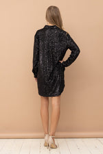 Arya Satin Long Sleeve Shirt Dress - Black
