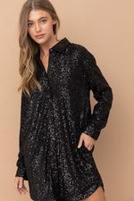 Arya Satin Long Sleeve Shirt Dress - Black