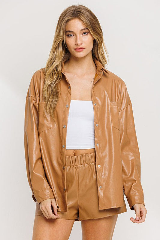 Camryn Faux Leather Top And Shorts Set - Camel