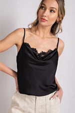 Fern Satin Cowl Neck Lace Bodysuit - Black