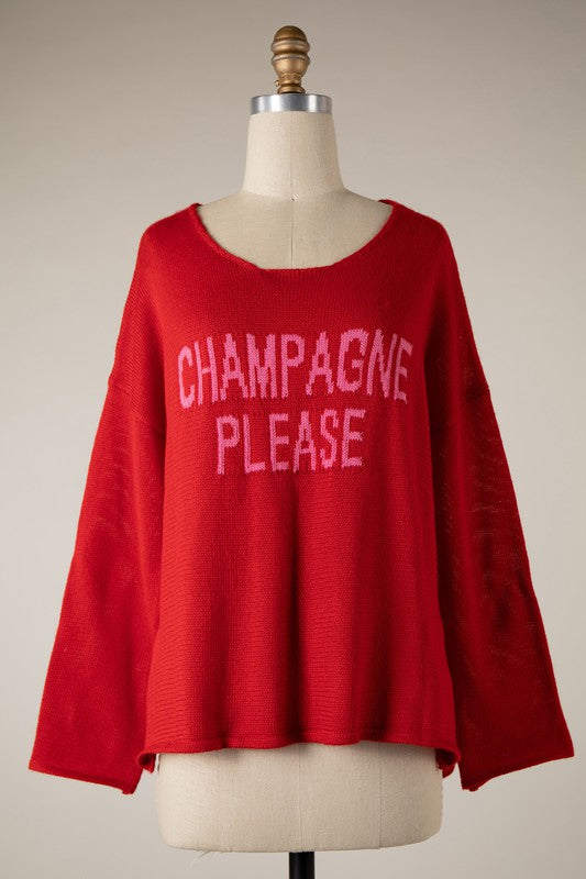 "Champagne Please" Knit Sweater Top - Red