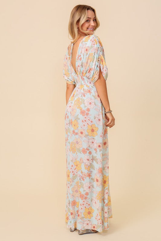 Yelena Floral V-Neck Kimono Sleeve Maxi Dress