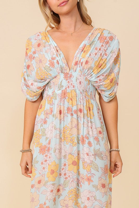 Yelena Floral V-Neck Kimono Sleeve Maxi Dress