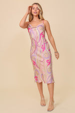 Luna Satin Retro Print Midi Dress - Pink/Lavender