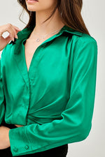 Analia Satin Front Detail Collar Cropped Top - Green