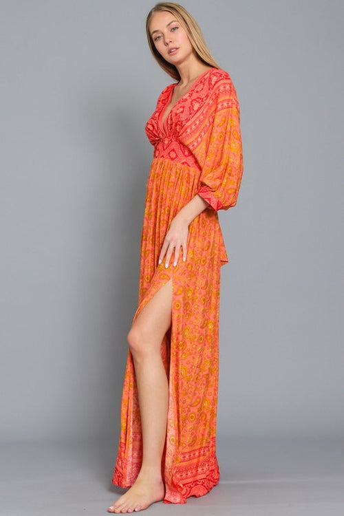 Ailani Dolman Sleeve Tie Back Maxi Dress - Orange/Red