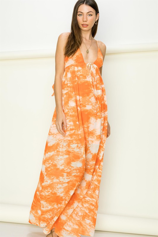 Alma Tie Dye Tie Back Maxi Dress - Orange