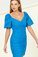 Liandra Ruched Puff Sleeve Mini Dress - Blue