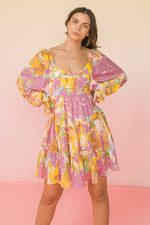 Aiyana Long Sleeve Tiered Mini Dress - Yellow/Pink
