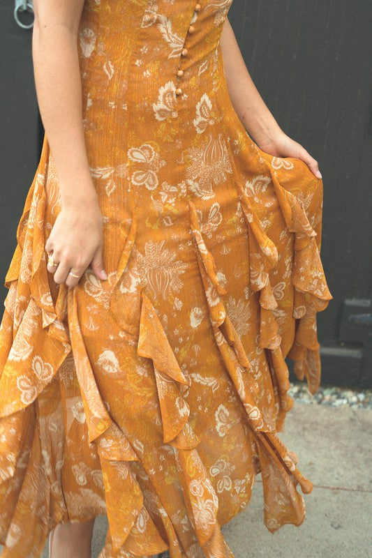 Elisa Ruffle Hem Button Up Detail Maxi Dress - Gold