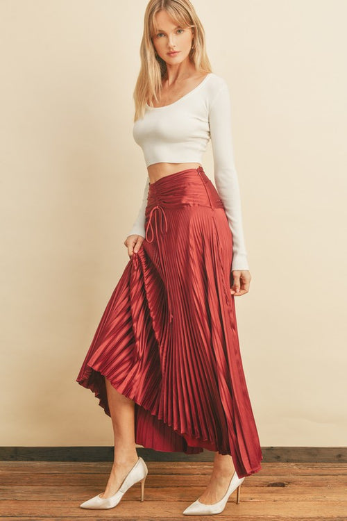 Kenia Pleated Satin Tie Waist Midi Skirt