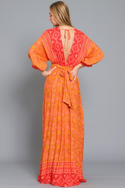 Ailani Dolman Sleeve Tie Back Maxi Dress - Orange/Red