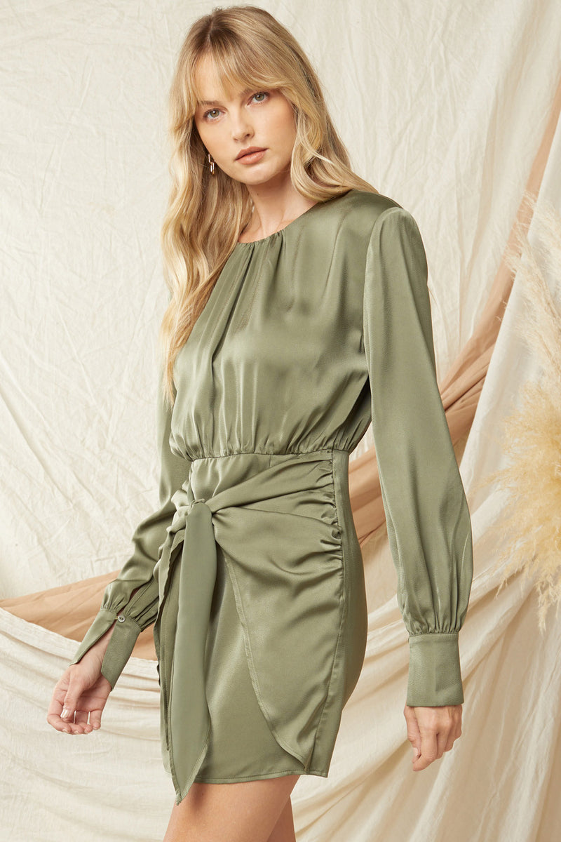 Bri Satin Wrap Min Dress - Olive