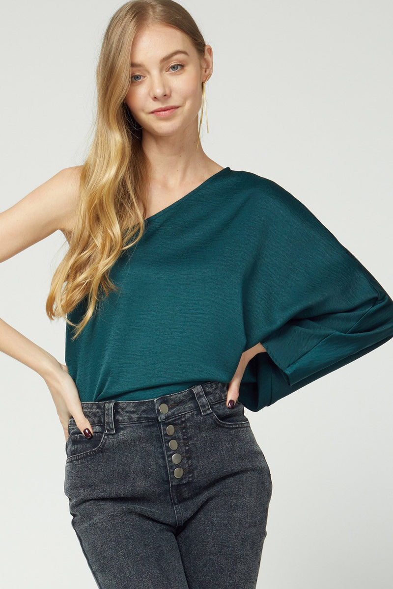 Belle One-Shoulder Long Sleeve Blouse - Emerald