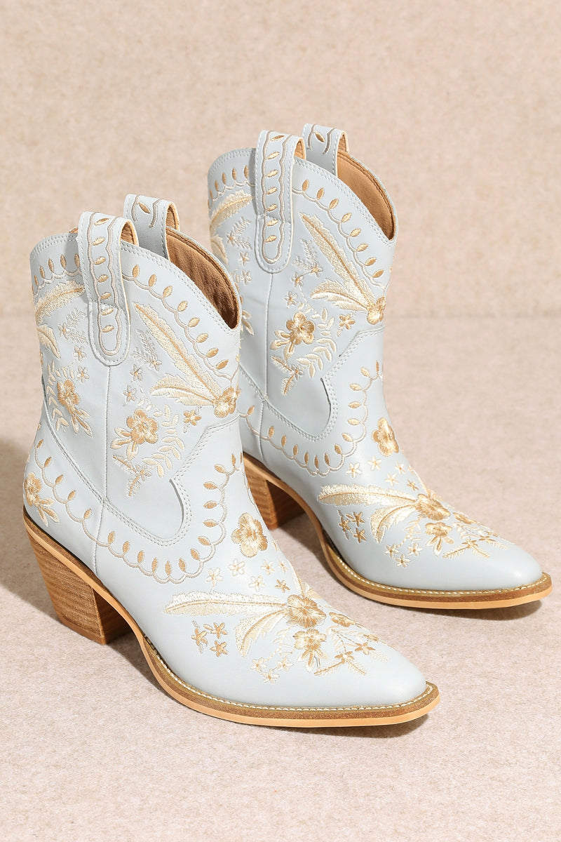 Edith Embroidered Ankle Cowboy Boots - Blue