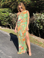 Cleo One Shoulder Tropical Chiffon Dress - Orange Green