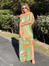 Cleo One Shoulder Tropical Chiffon Dress - Orange Green