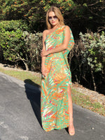 Cleo One Shoulder Tropical Chiffon Dress - Orange Green