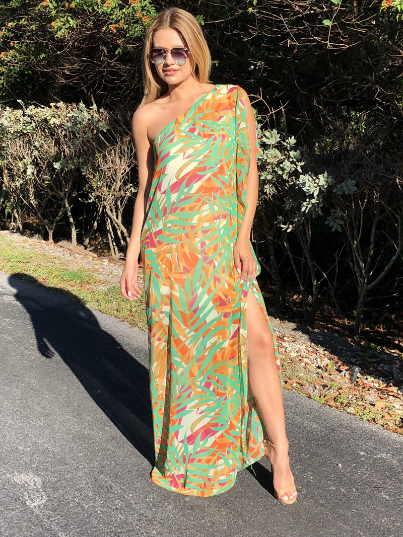 Cleo One Shoulder Tropical Chiffon Dress - Orange Green
