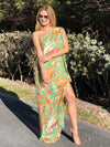 Cleo One Shoulder Tropical Chiffon Dress - Orange Green