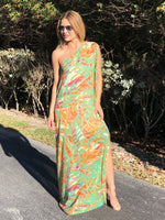 Cleo One Shoulder Tropical Chiffon Dress - Orange Green