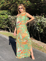 Cleo One Shoulder Tropical Chiffon Dress - Orange Green