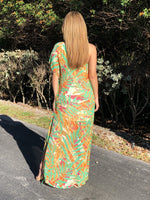 Cleo One Shoulder Tropical Chiffon Dress - Orange Green