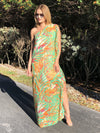 Cleo One Shoulder Tropical Chiffon Dress - Orange Green