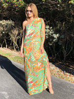 Cleo One Shoulder Tropical Chiffon Dress - Orange Green