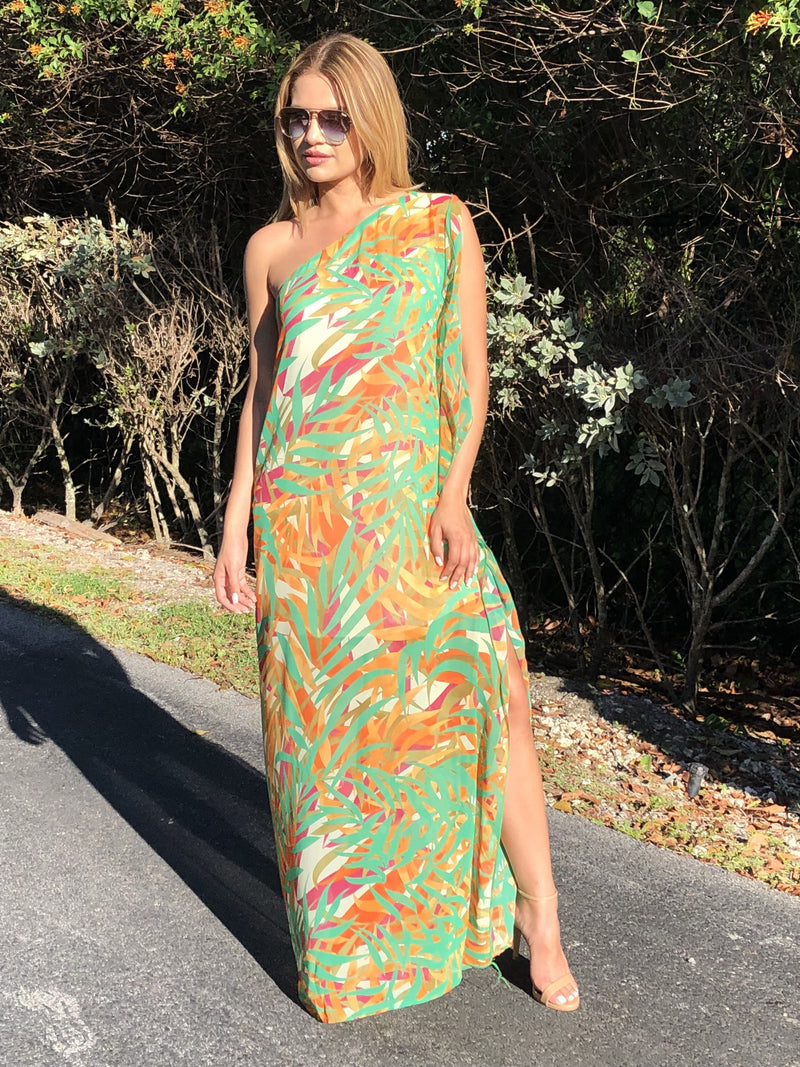 Cleo One Shoulder Tropical Chiffon Dress - Orange Green