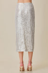Ausie Sequin Ruched Front Slit Midi Skirt - White/Silver