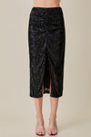 Ausie Sequin Ruched Front Slit Midi Skirt - Black