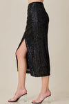 Ausie Sequin Ruched Front Slit Midi Skirt - Black